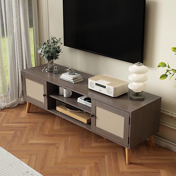 TV Stand for TVs up to 65 inches, Rattan Grain Finish Panel - Image 3
