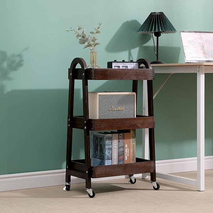 3 Tier Rolling Craft Cart Slim Rolling Storage Cart Wooden Cart on Wheels - Image 4