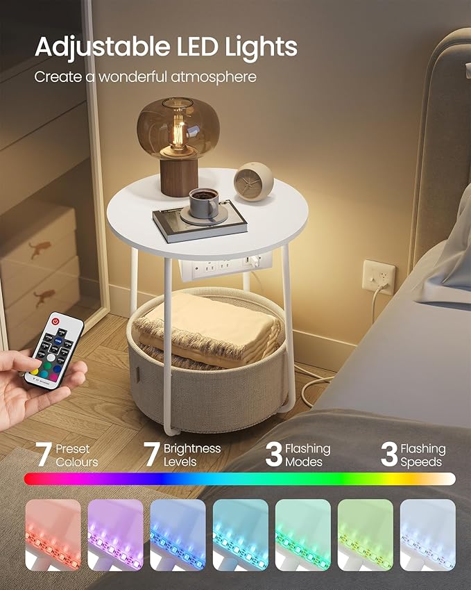VASAGLE Side Table with Charging Station, Round End Table with Fabric Basket - Image 3