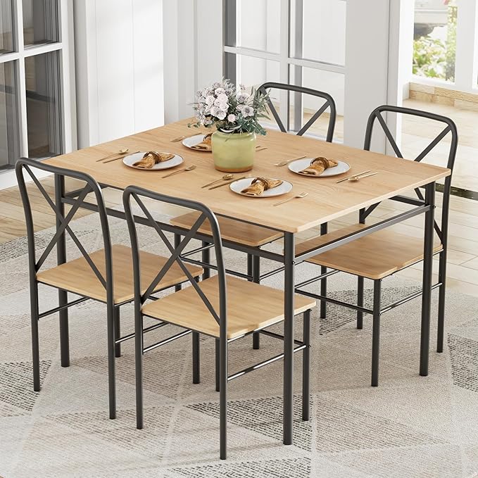 VECELO 5-Piece Kitchen Dining Table Set, Wood Tabletop & Heavy-Duty Metel Frame by VECELO