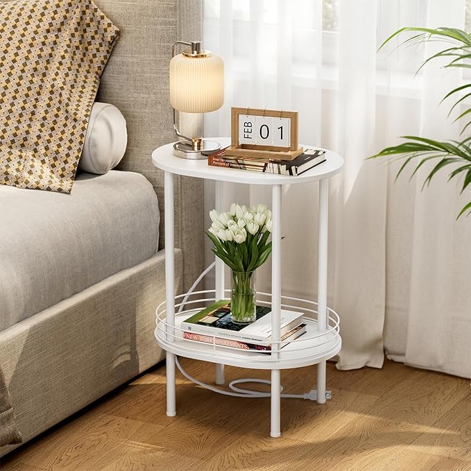 Small Round Side Table with Charging Station, Bedside Table with 2 USB Ports - Image 3