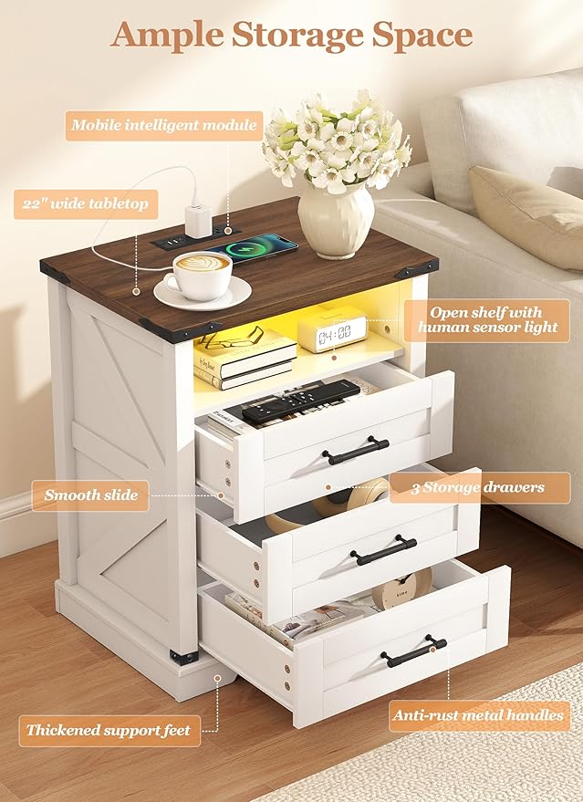 Night Stand with Charging Station 22" Large Farmhouse Nightstands with 3 - Image 7