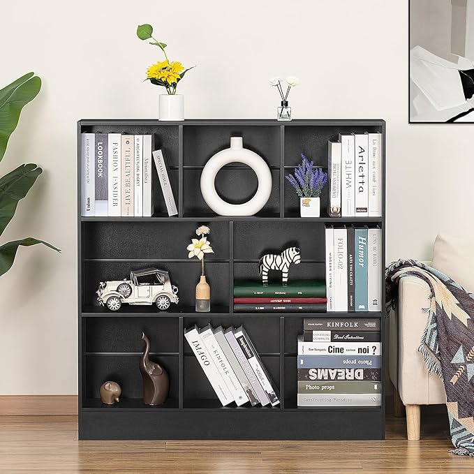 YAHARBO Black Wide Bookshelf, 3 Tier Modern Horizontal Bookcase, Wood Low - Image 8