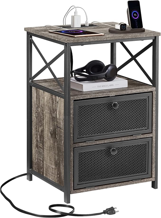 VECELO Oak Gray End Table with USB Ports and Outlets, 24 Inch Nightstands with by VECELO