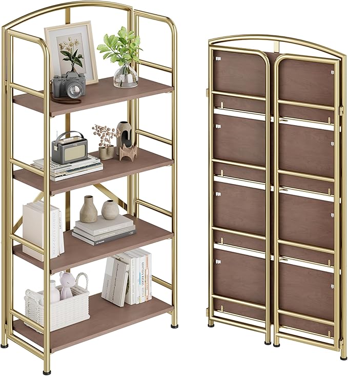 No-Assembly Folding Gold Bookshelf Storage Shelves 4 Tiers Vintage by THKKYHomeOfficeFurniture