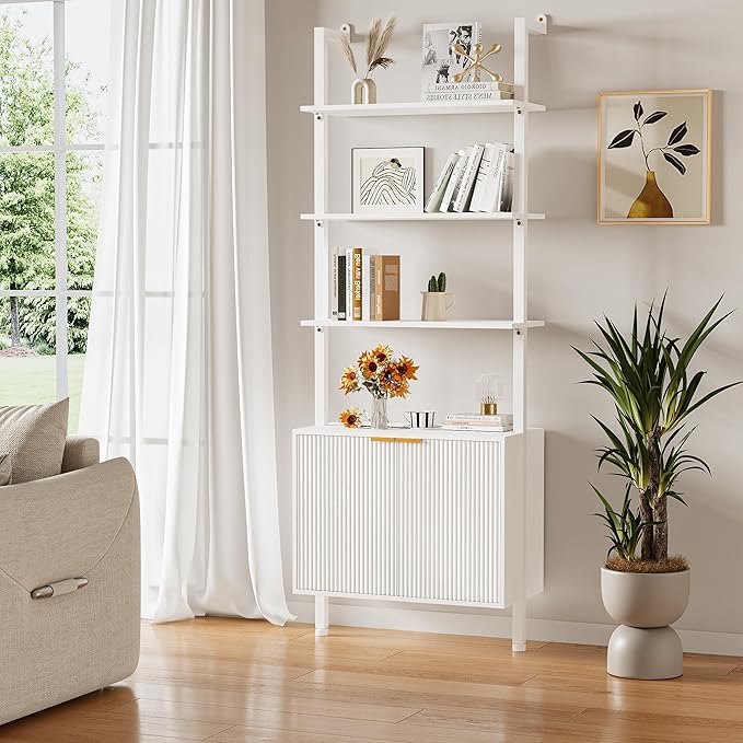 74" Tall Bookshelf with Storage Cabinet, Modern Ladder Shelf with Wood and - Image 3