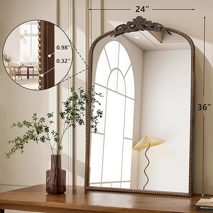 Micasso Traditional Ornate Metal Frame Arch Wall Mirror Baroque Vintage Vanity - Image 4