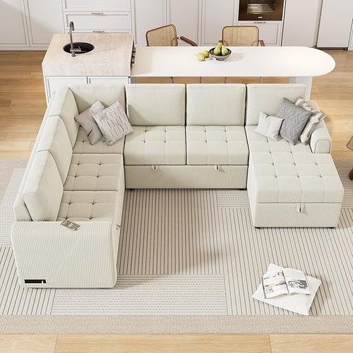 107.5" Corduroy U Shaped Sofa, Sectional Sleeper Couch Pull Out Bed by Favfurish