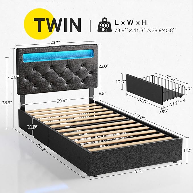Rolanstar Twin Bed Frame with 4 Storage Drawers and Charging Station, Twin Bed - Image 3