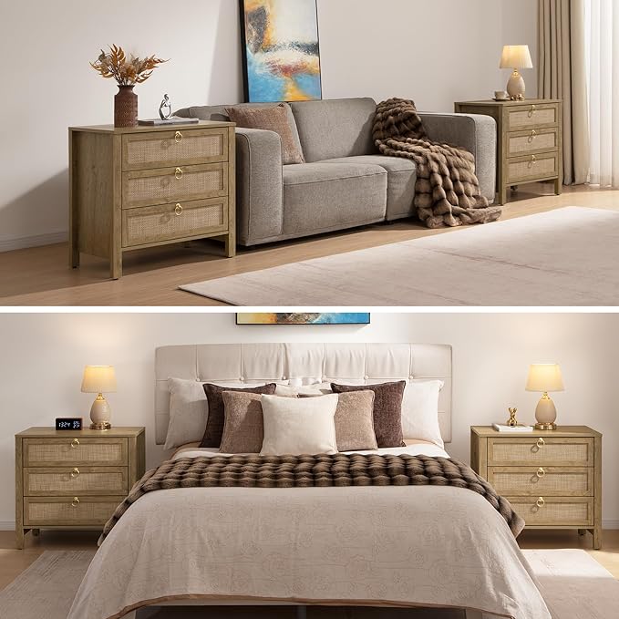 SICOTAS Night Stand with Drawers, Large Rattan Bedside Table with Golden Handle - Image 5