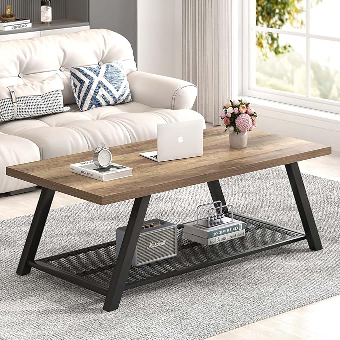 FOLUBAN Coffee Table, Modern Rustic Wood and Metal Center Table - Image 3