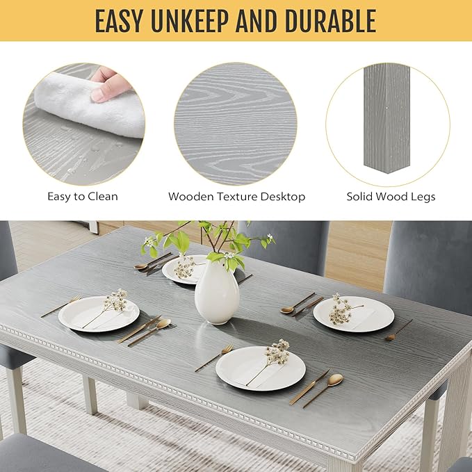 6-Piece Solid Wood Dining Table Set, Including 1 Dining Table, 4 Upholstered - Image 3