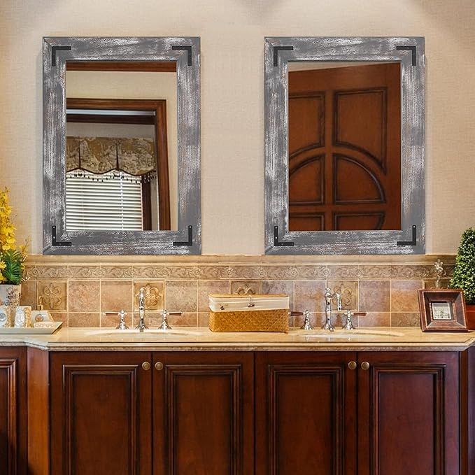 YOSHOOT Rustic Wooden Framed Wall Mirror, Natural Wood Bathroom Vanity Mirror - Image 5