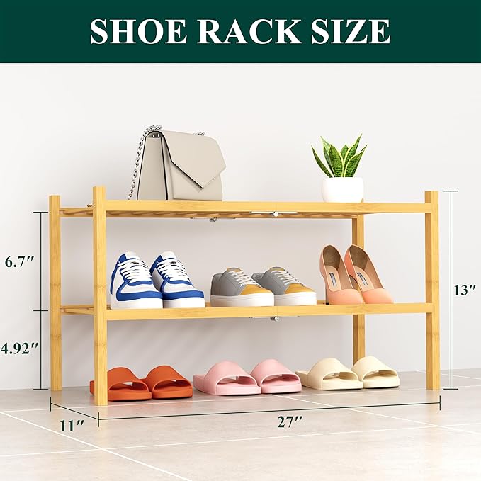 Smiry Shoe Rack, 2 Tier Thick Bamboo Shoe Organizer, Stackable Free Standing - Image 2