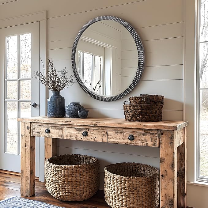 35" Round Wood Mirror, Rustic Circle Wall Mirror - Image 2