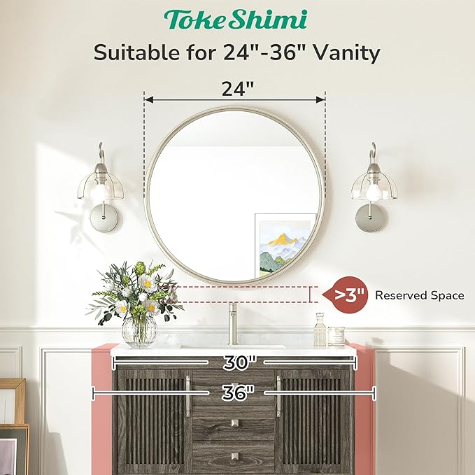 TokeShimi 24 Inch Circle Bathroom Mirror Brushed Nickel, Tempered Round Wall - Image 5