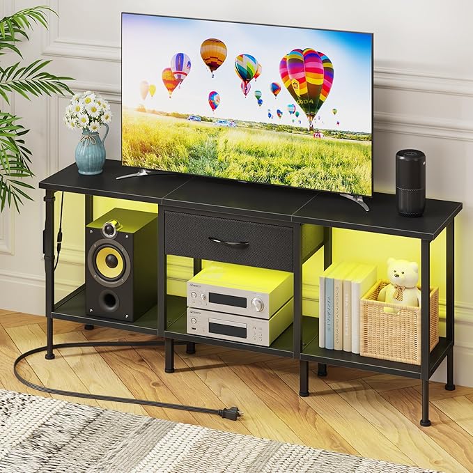 LED TV Stand with Power Outlet and Fabric Drawer by GYIIYUO