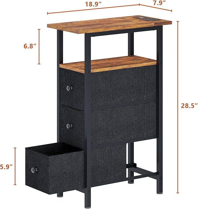 End Table with Charging Station, Narrow Side Table with 3 Fabric Drawers - Image 3