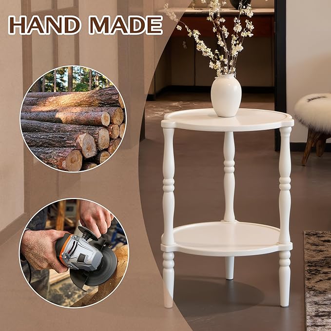 Accent Wood End Table, 2-Tier Round Bedside Table, Natural Side Table Nightstand - Image 3