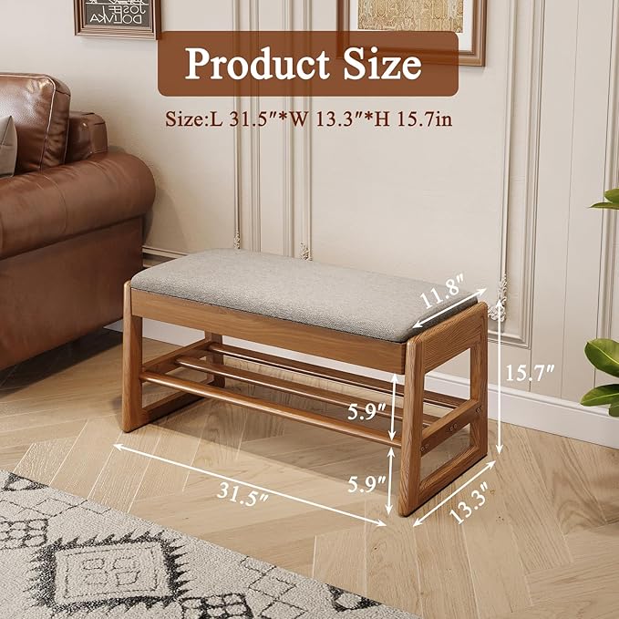 Shoe Rack Bench with Cotton-Linen Cushion 2-Tier Wooden Storage Bench 550lbs - Image 2