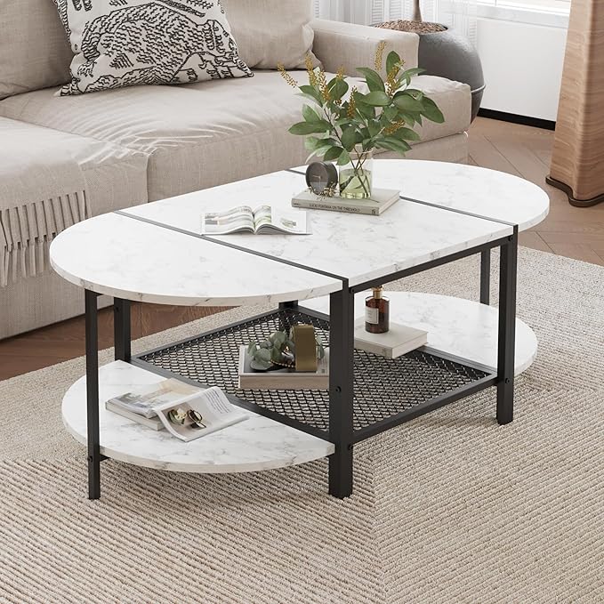 SENIG Oval Coffee Table with Faux Marble Top, 2-Tier Storage Shelf and Metal - Image 6