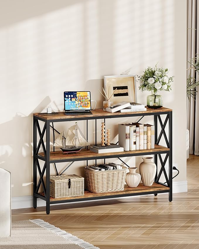 47.2" Console Table with Charging Station, 3-Tier Entryway Table, Industrial - Image 8