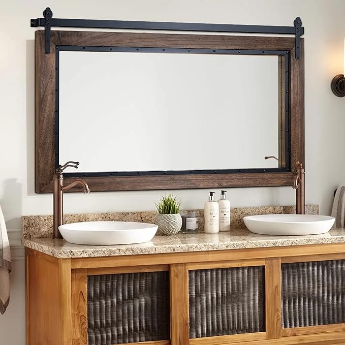 YOSHOOT Farmhouse Barn Door Mirror, Wood Frame Wall Mirror, Wooden Mirror - Image 4