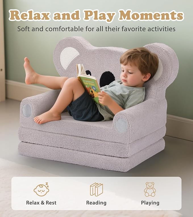 Kids Couch, 2-in-1 Soft Toddler Couch Fold Out - Image 4