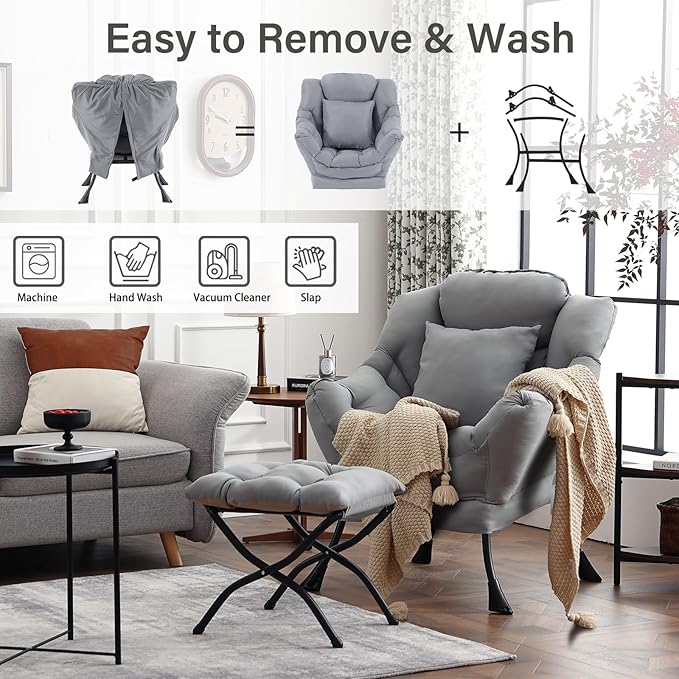 Lazy Chair with Ottoman, Modern Large Accent Lounge Chair with a Pillow - Image 5