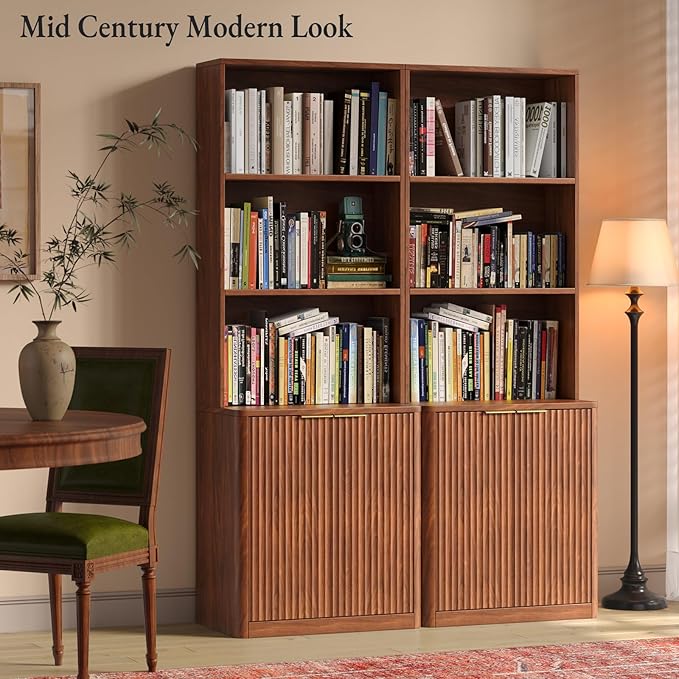 71" Walnut Bookcase with Doors, 5 Tier Fluted Tall Bookshelf with Storage - Image 4