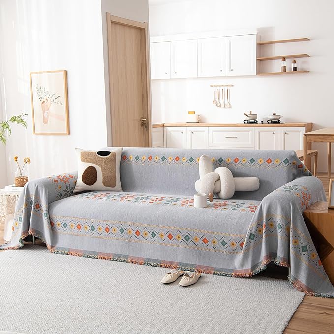 STACYPIK Boho Gray Jacquard Couch Cover, Sofa Cover - Image 2