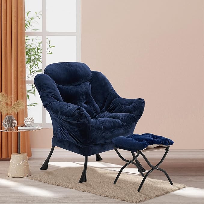 Lazy Chair with Folding Ottoman, Accent Chair Plush Upholstered with Metal - Image 2