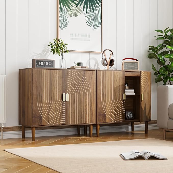 Sideboard Buffet Cabinet with Storage, Walnut Sideboard Buffet with Doors and - Image 4