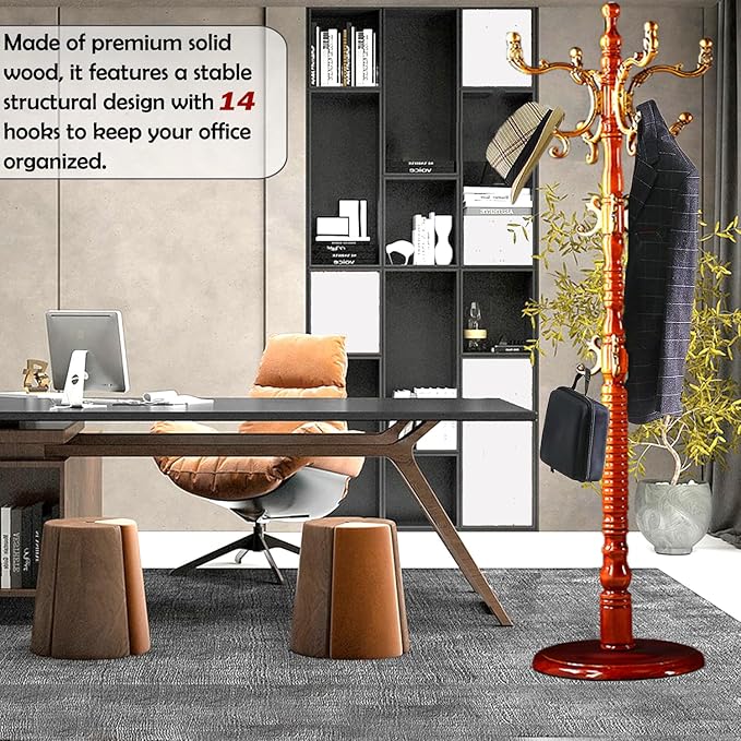 Coat Racks Free Standing with 14 Hooks, Natural Wood Coat Stands - Image 3