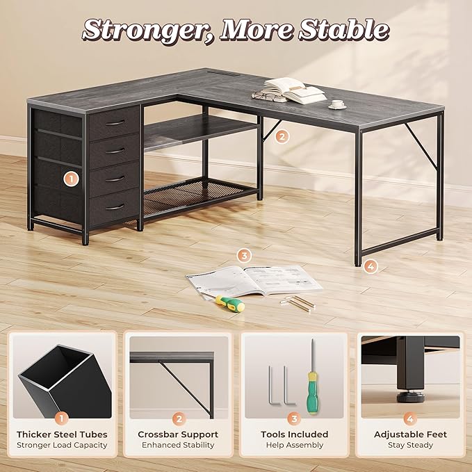 PRAISUN 53" L Shaped Desk with Power Outlets and USB-C Port, Reversible - Image 8