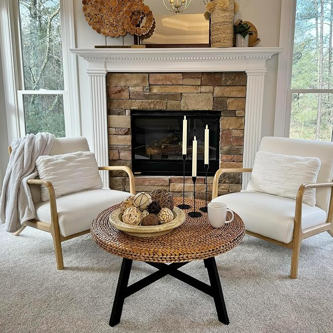 RANDEFURN Round Coffee Table, Seagrass Coffee Solid Pine Wood X Base Frame - Image 3