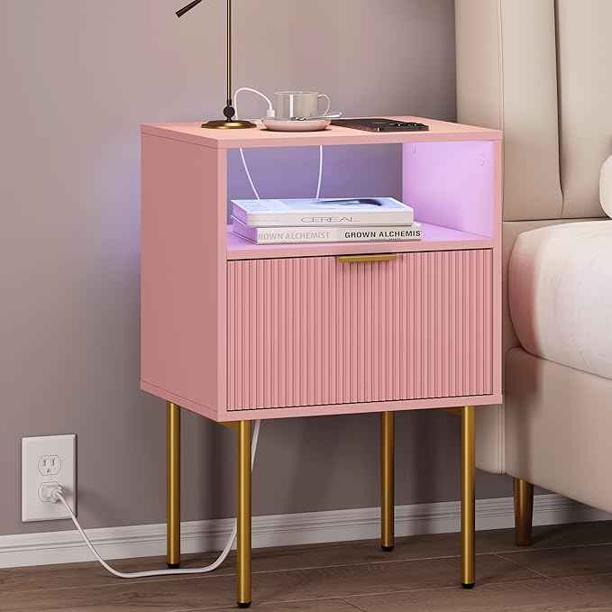 Modern Nightstand with Charging Station and LED Lights, Fluted Side Table - Image 8