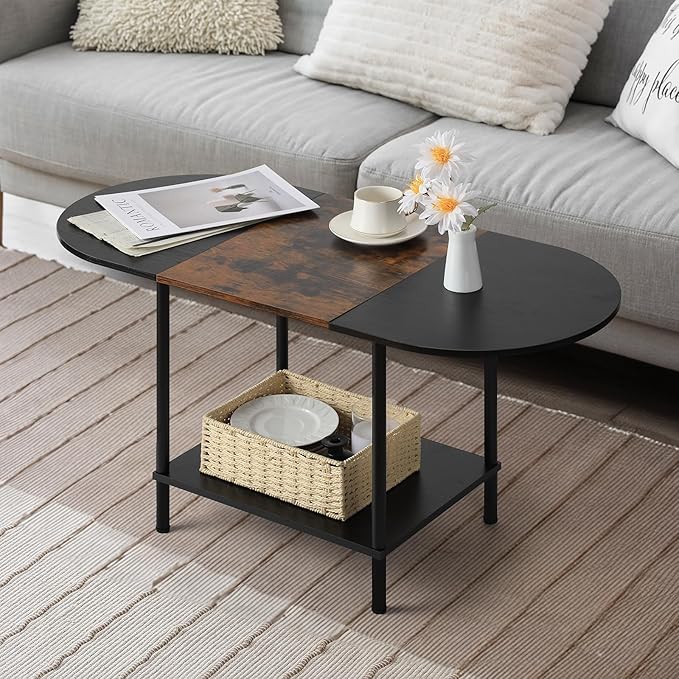 Coffee Tables for Living Room, 2-Tier Small Oval Center Table Industrial Modern by Shinoske