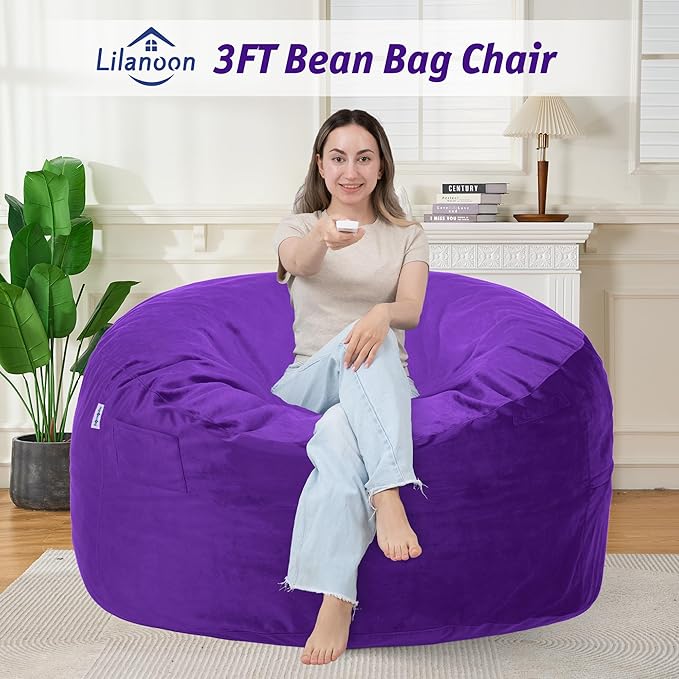 3FT Bean Bag Chair with Ultra Soft Velvet Cover Bean Bag Sofa with Memory Foam - Image 3