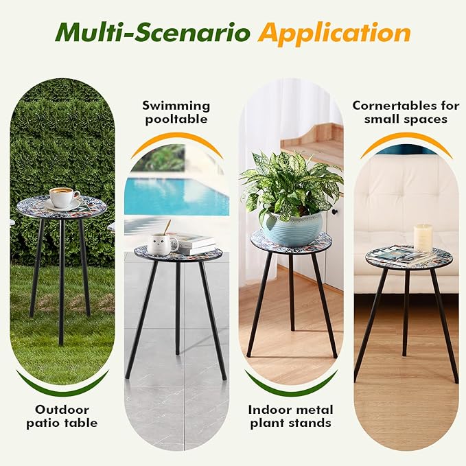 2 Packs Metal Mosaic Round Side Tables 13.4" Small Outdoor Patio Round Accent - Image 6