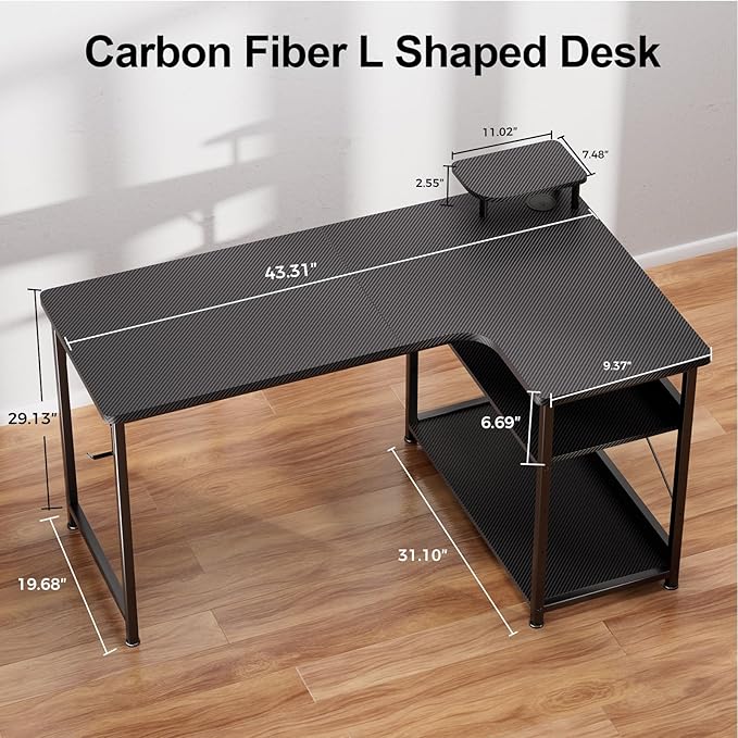 GTPLAYER L Shaped Gaming Desk, Carbon Fiber Style Computer Desk - Image 3