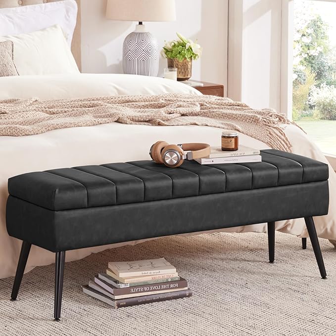 CUYOCA Storage Ottoman Bench, 43.5" Faux Leather Upholstered Entryway Bench - Image 5