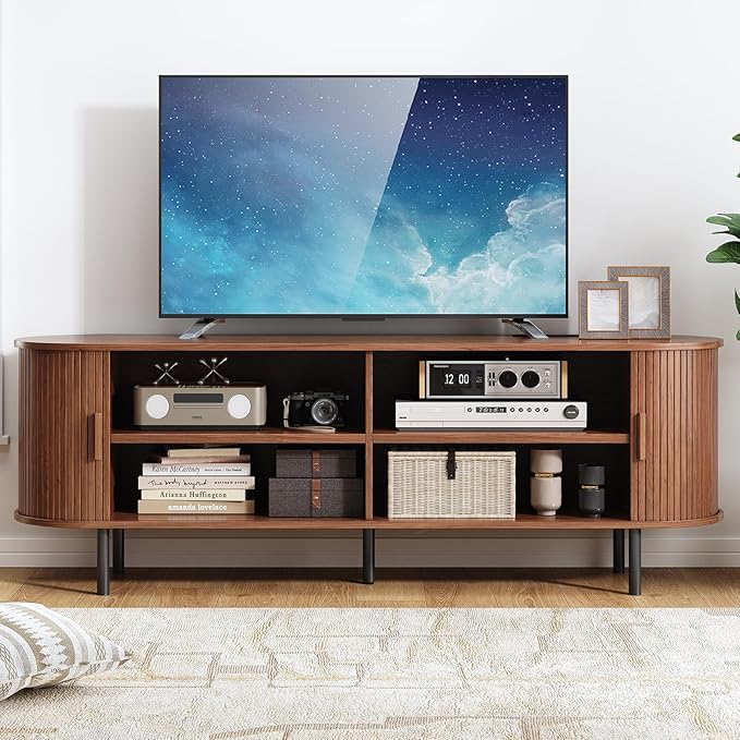 63" TV Stand with Power Outlet, Modern Media Console with Sliding Doors - Image 5