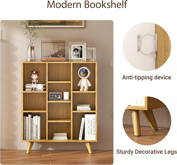 Manora Bookshelf with 10 Open Storage Cubes, Wooden Bookcase Organizer - Image 4