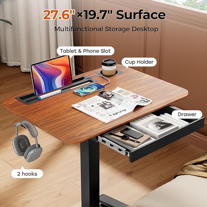 Mobile Standing Desk with Drawer, Portable Laptop Workstation on Wheels - Image 3
