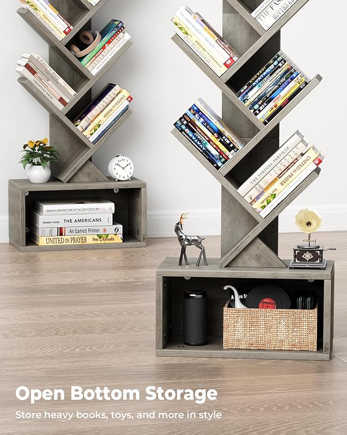6 Tier Tree Bookshelf with Light, Narrow Bookcase Tower, Tall Floor Standing - Image 5