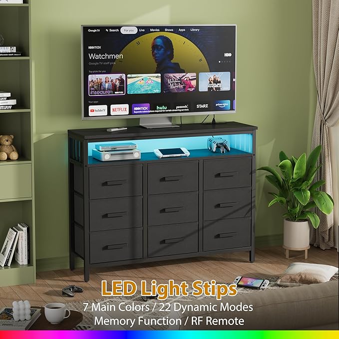 9 Drawer Dresser TV Stand with LED Lights & Power Outlets, Entertainment Center - Image 4