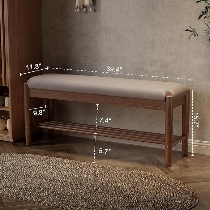 Shoe Bench Entryway with Cushion, Solid Wood Bench with Shoe Storage, 2-Tier - Image 2