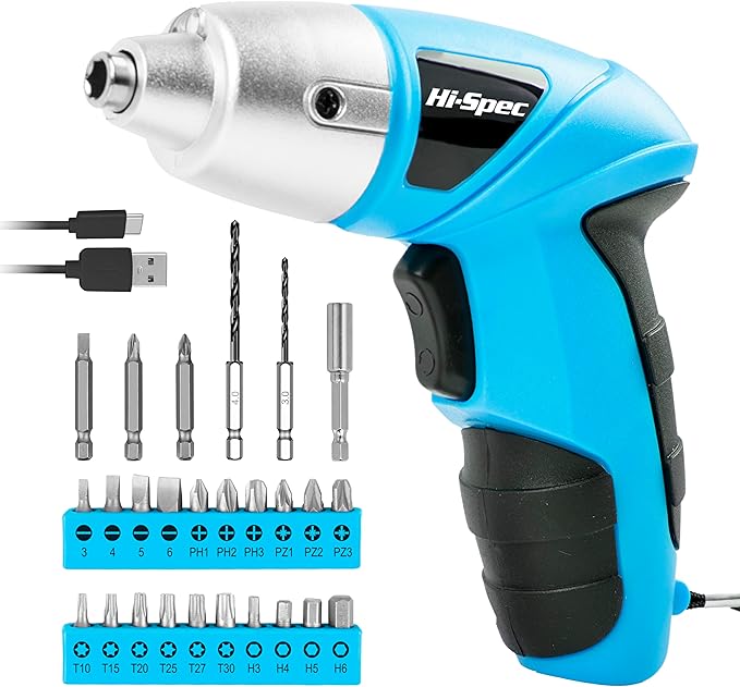Hi-Spec 27pc 3.6V Blue USB Small Power Electric Screwdriver Set. Cordless & by Hi-SpecToolsUSA
