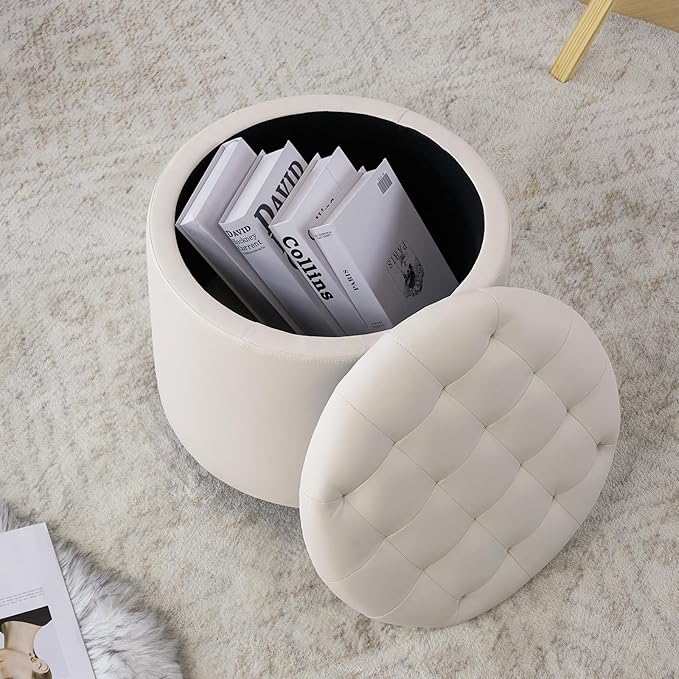 Furniliving Upholstered Button Tufted Round Ottoman, PU Storage Ottoman Round - Image 9